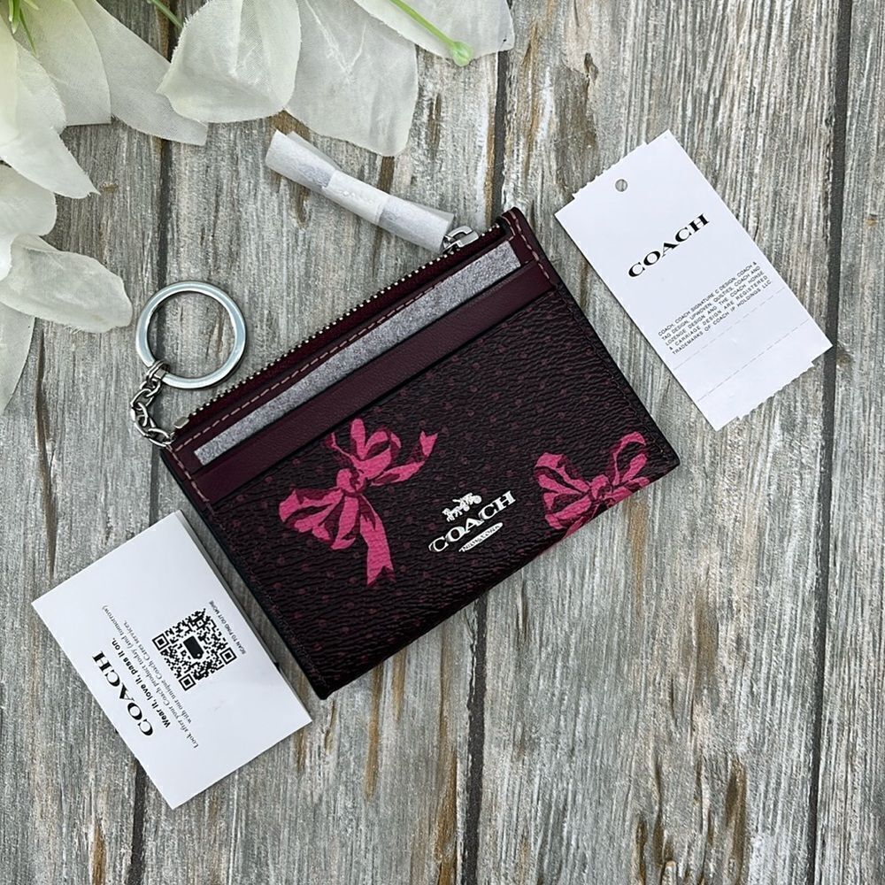 Coach Mini Skinny Id Case With Bow Print Wallet Bag Purse - Picture 6 of 8